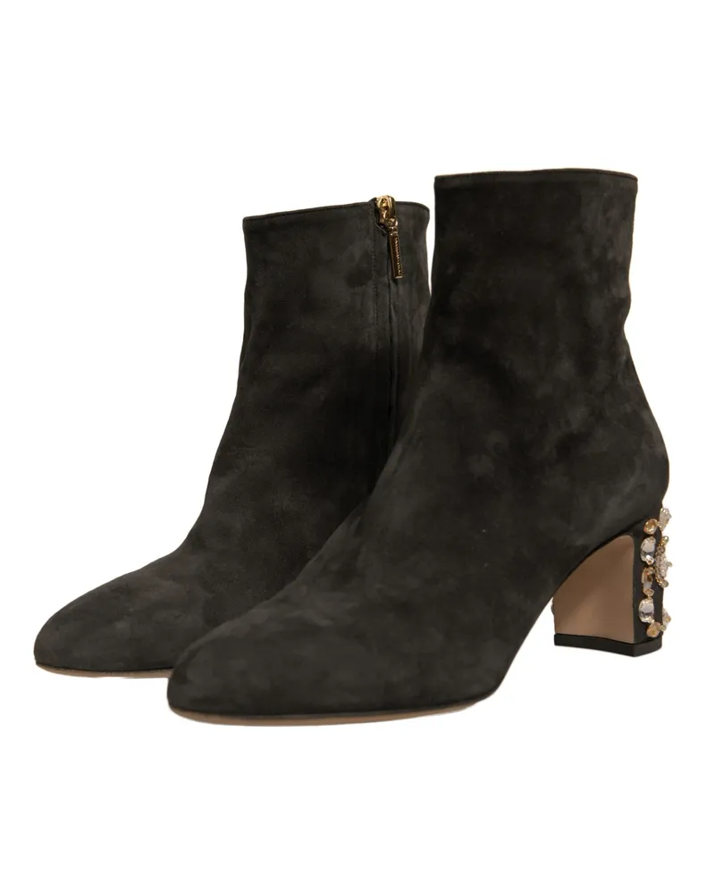 Dolce & Gabbana Women's Black Embellished Heel Ankle Boots Shoes Calf Leather Black