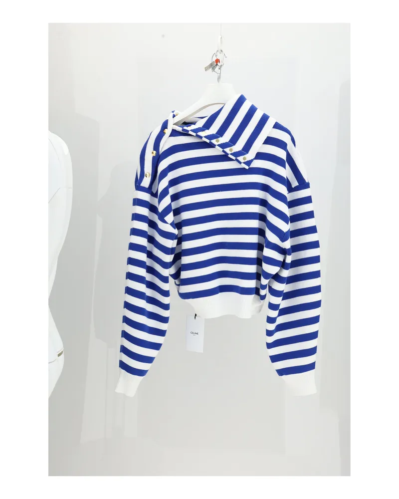 Celine Women's High Neck Sweater White-Royal Blue Cotton White/royal White