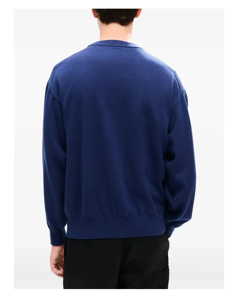 Kenzo Men's V-Neck Cardigan With Embroidered Motif Blue Wool Cardigans Sweater Navy