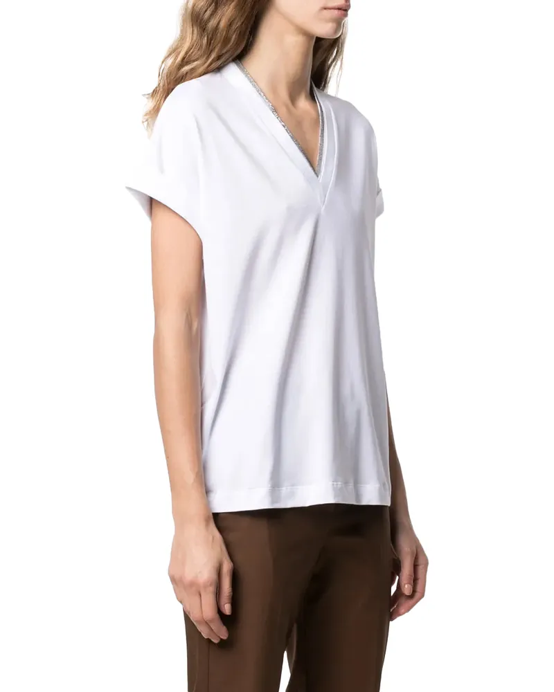 Brunello Cucinelli Silvery-Trim V-Neck T-Shirt — White White