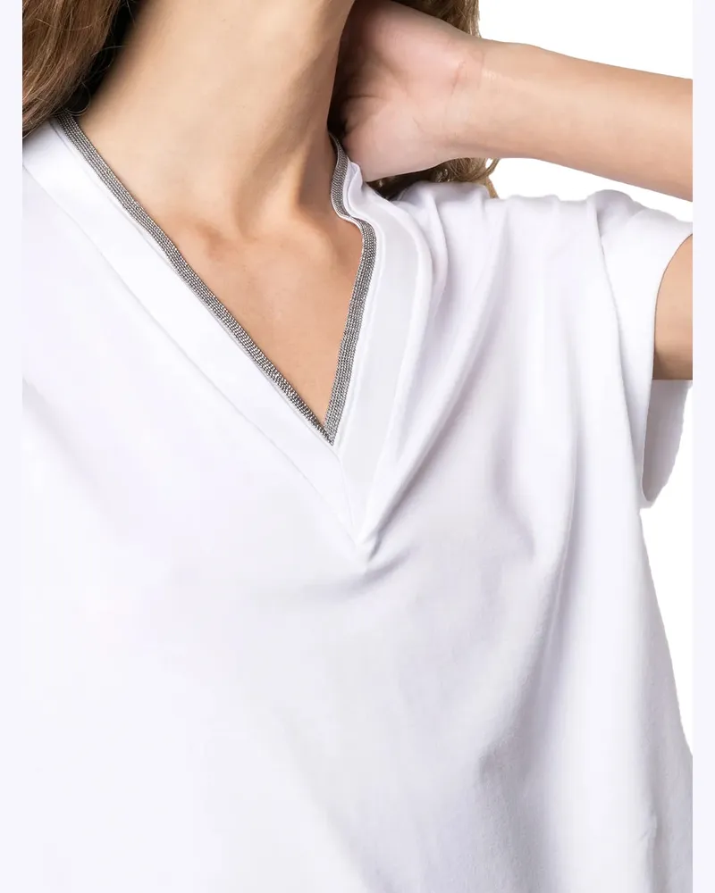 Brunello Cucinelli Silvery-Trim V-Neck T-Shirt — White White