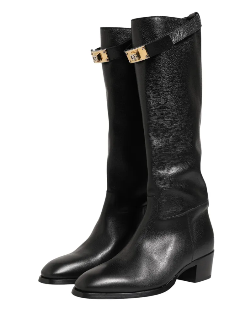 Dolce & Gabbana Men's Black Logo Plaque Over The Calf Boots Shoes Lamb Black