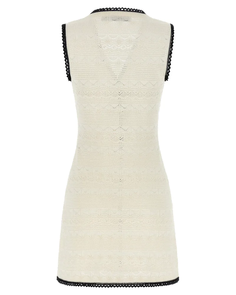 Self-Portrait Pointelle Knit with Contrast Trim Mini Dress — White White