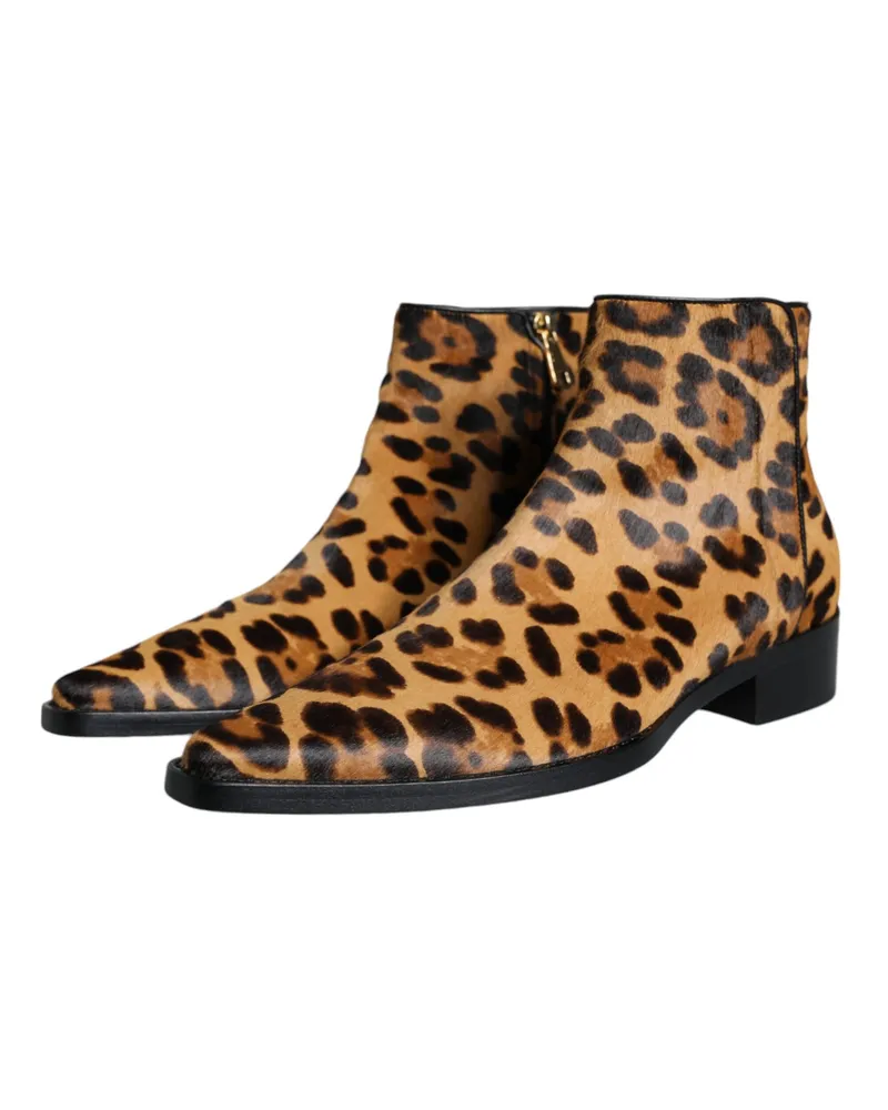 Dolce & Gabbana Women's Brown Leopard Calf Fur Ankle Boots Shoes Black And Lamb Leather Brown