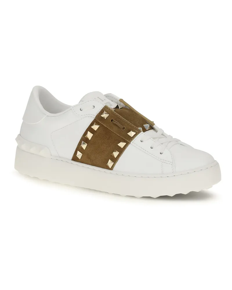 Valentino Garavani Women's Rockstud Untitled Sneakers With Suede Band Bianco-Havana Beige-Bianco Bianco/havana Beige/bianco White