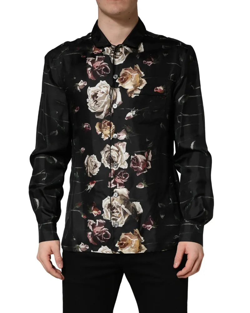 Dolce & Gabbana Men's Black Floral Print Long Sleeves Casual Shirt Silk Black
