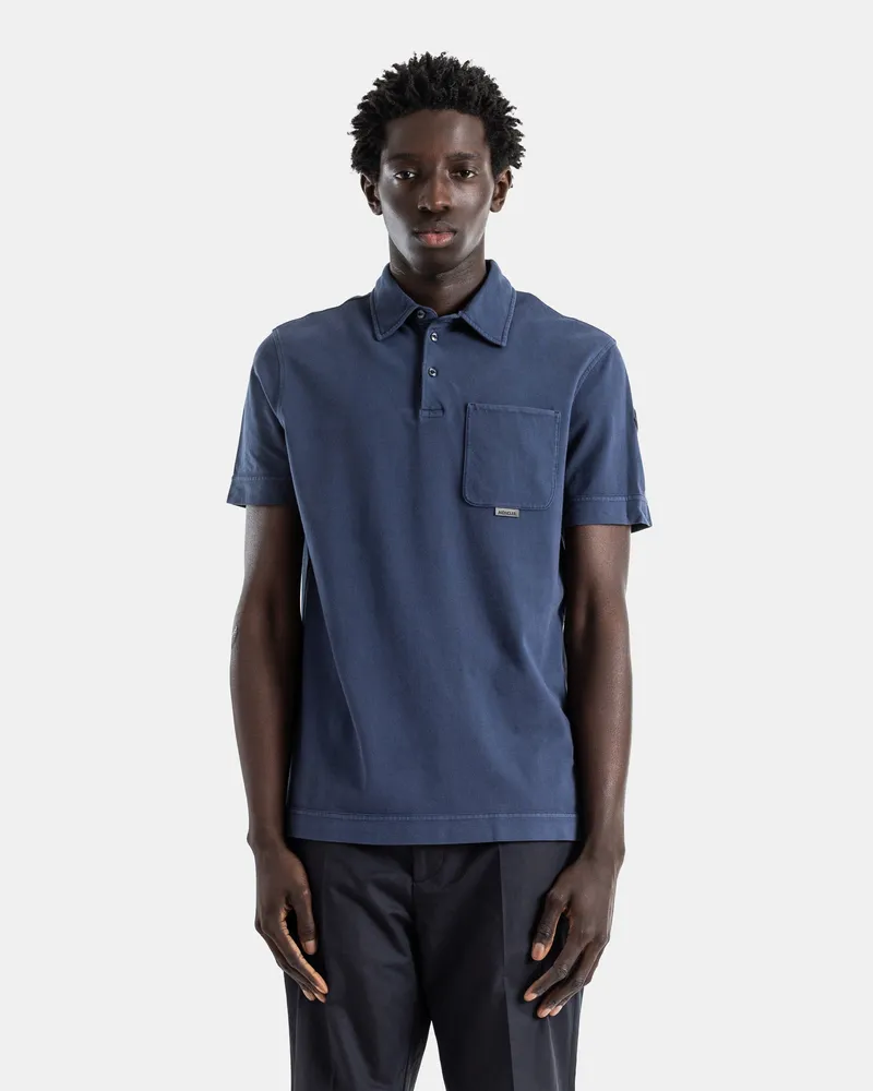 Moncler Men's Washed Slate Blue Pique Cotton Polo Metal Logo Chest Pocket T-Shirts And Polos Blue