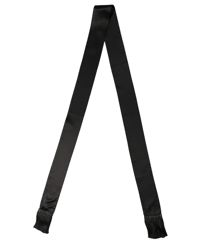 Dolce & Gabbana Satin Silk Skinny Fringed Scarf — Black Black