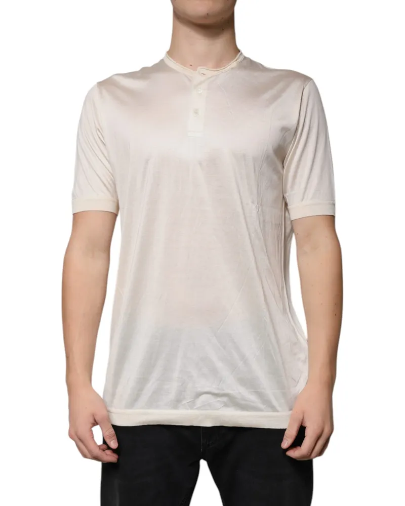 Dolce & Gabbana Men's Off White Silk Henley Short Sleeves T-Shirt White