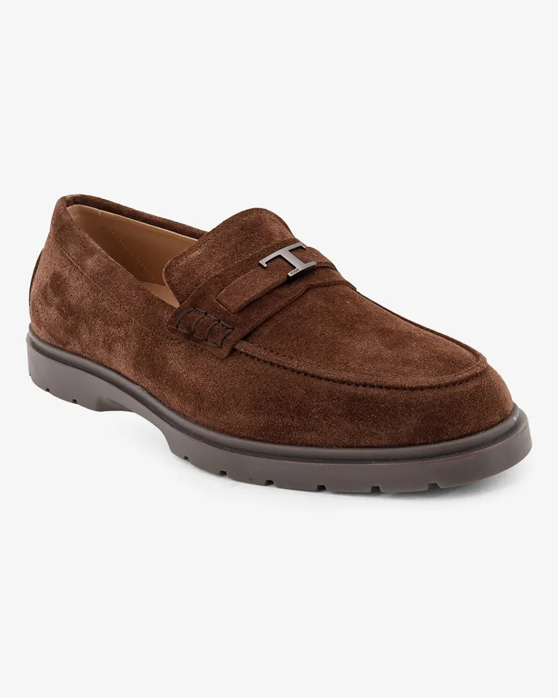 TOD'S Men's Suede Loafers With Metal Logo Brown Suede-Rubber Suede/rubber Brown