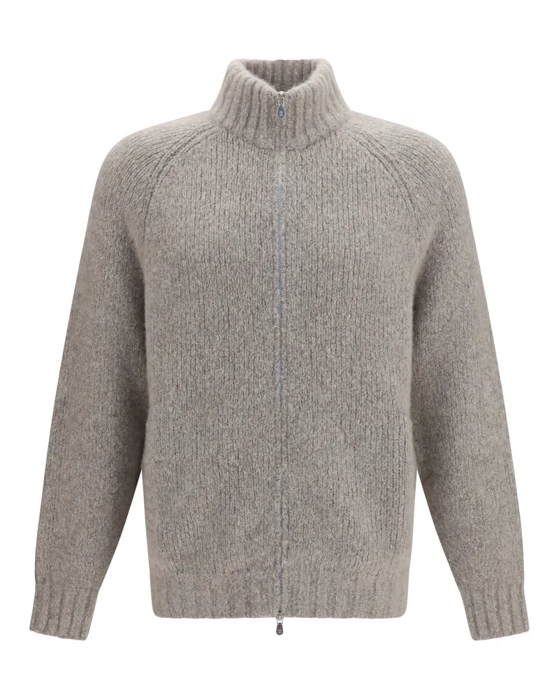 Brunello Cucinelli Men's Cardigan High-Neck Cashmere-Silk With Zip Marble Sweater Gray
