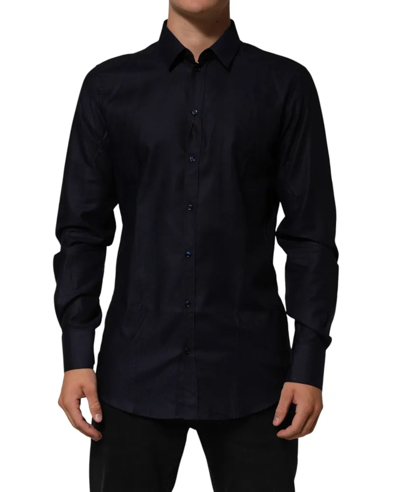 Dolce & Gabbana Blue Cotton Collared Long Sleeve Gold Men Dress Shirt Blue