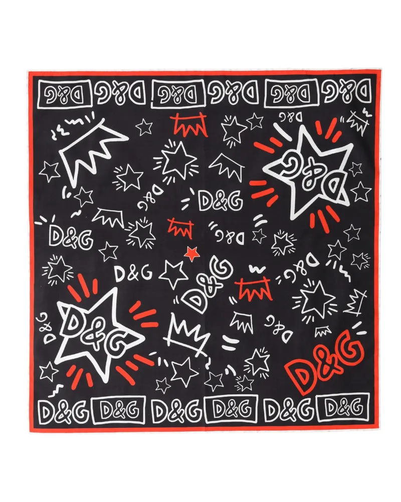 Dolce & Gabbana Women's Black White Red Dg Crown Cotton Foulard 47cm X 46cm Scarf And Black