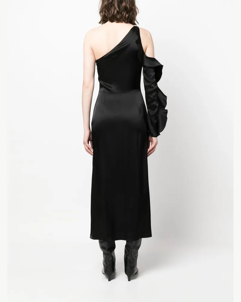 David Koma Asymmetric Ruffle-Trim Satin Dress — Black Black