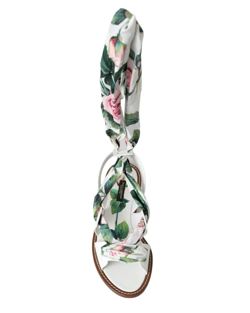Dolce & Gabbana Women's Multicolor Floral Print Ankle Wrap Sandals Shoes Calf Leather Cotton White