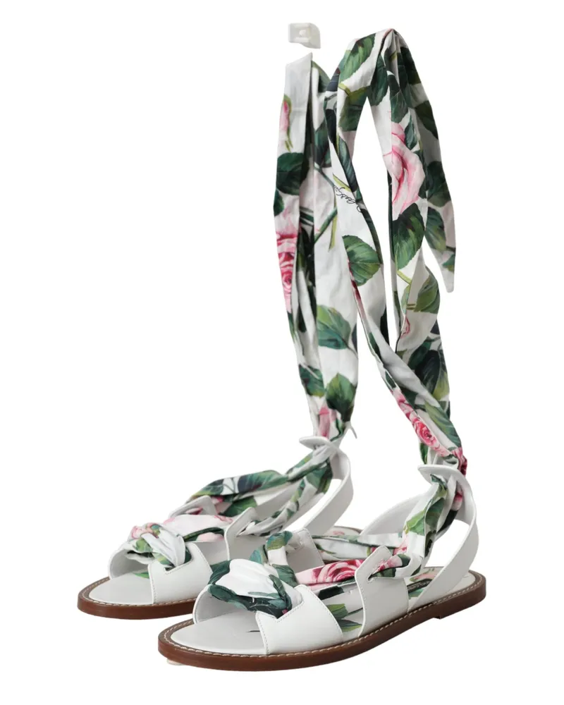 Dolce & Gabbana Women's Multicolor Floral Print Ankle Wrap Sandals Shoes Calf Leather Cotton White