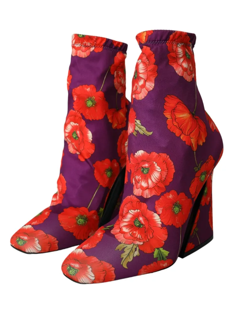 Dolce & Gabbana Women's Purple Floral Jersey Stretch Boots Shoes Fabric Purple