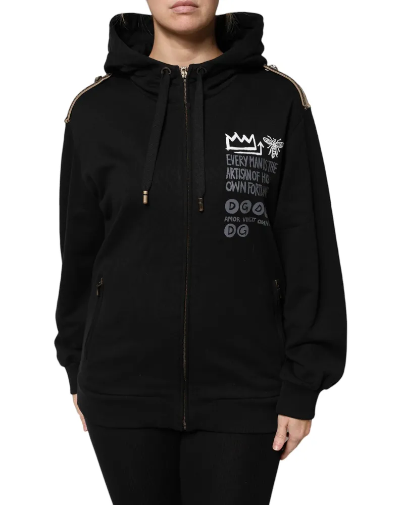 Dolce & Gabbana Women's Black Logo Hooded Full Zip Sweatshirt Jacket Cotton Clothing Black
