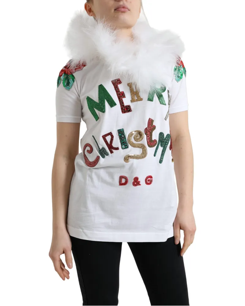 Dolce & Gabbana Women's White Cotton Christmas Sequin Fur T-Shirt White