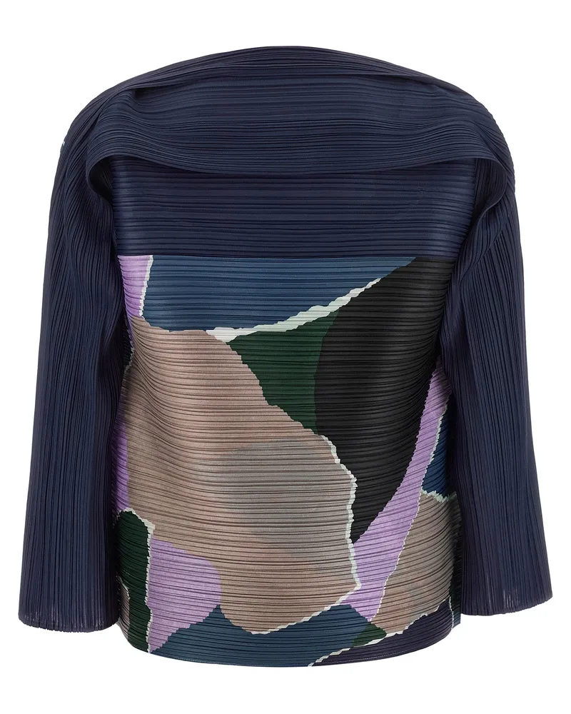 Issey Miyake Pleated Color-Block Blouse — Navy Navy
