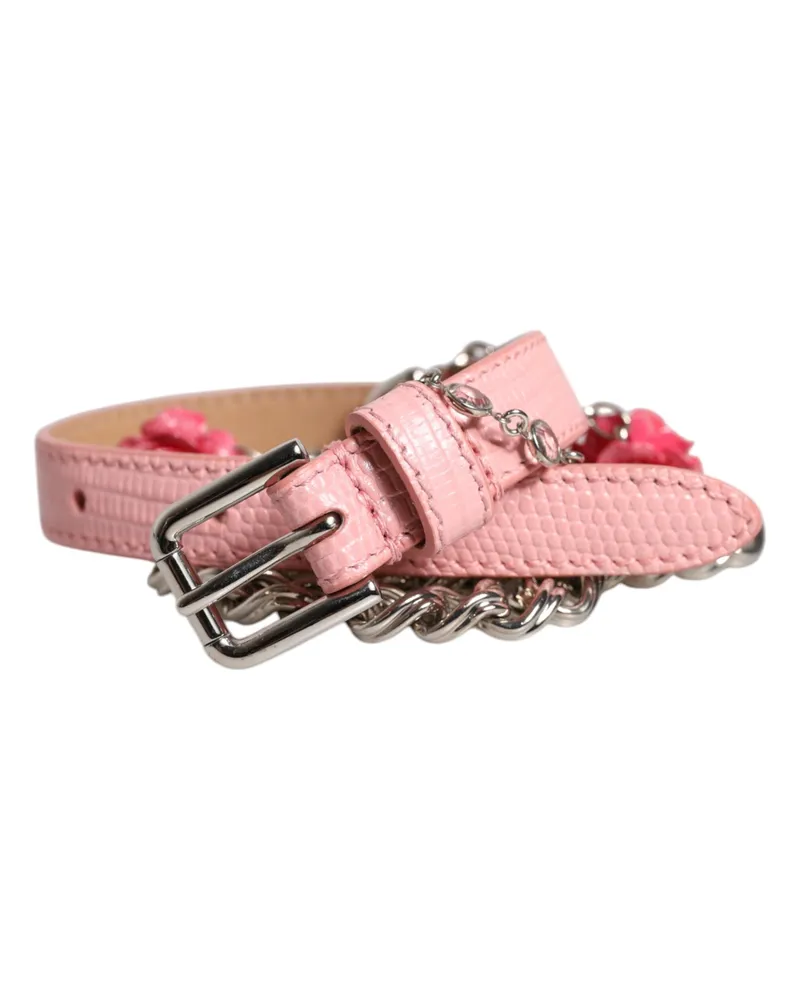 Dolce & Gabbana Women's Pink Embelished Roses Textured Leather Belt Brass Pink
