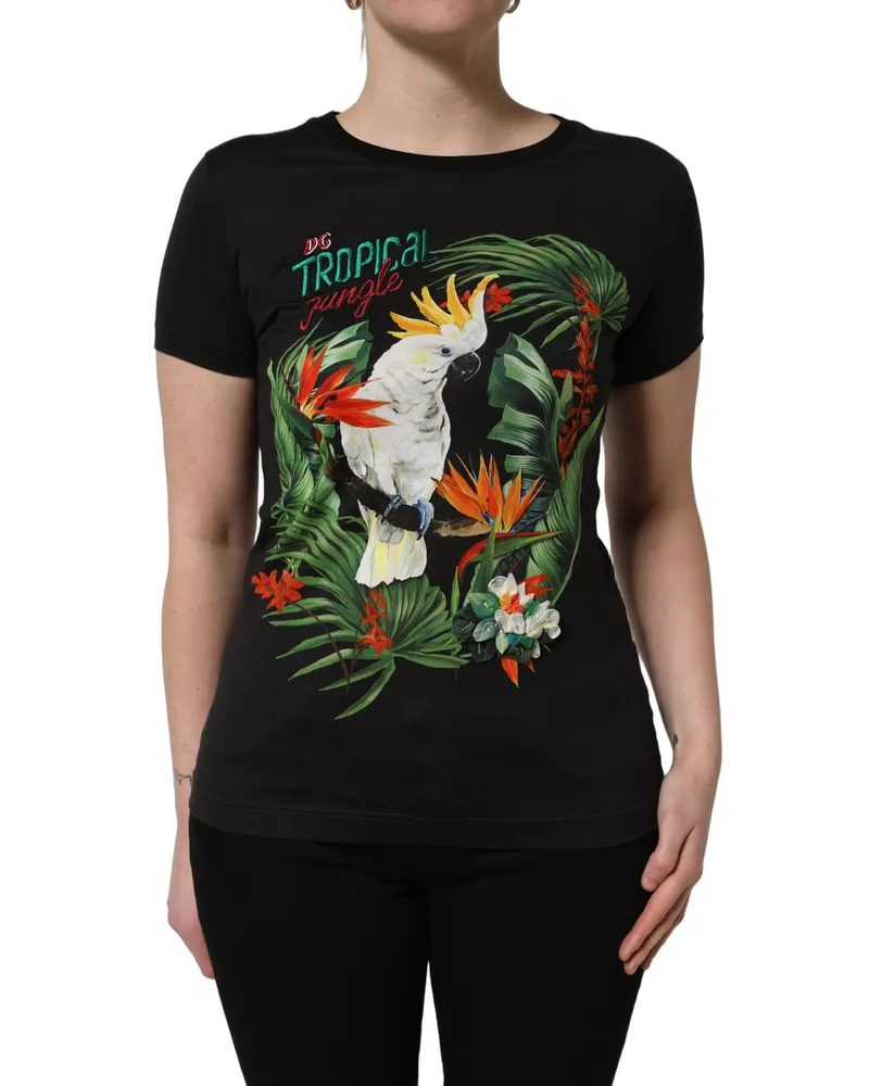 Dolce & Gabbana Women's Black Tropical Print Cotton Round Neck T-Shirt Black