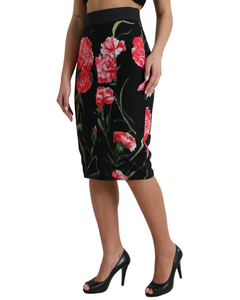 Dolce & Gabbana Women's Black Carnation Pencil Cut Knee Length Skirt Nylon Elastane Black