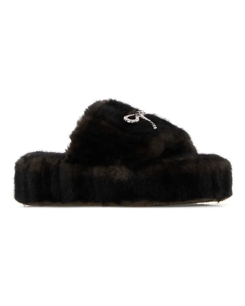 Balenciaga Women's Dark Brown Eco Fur Slippers Brown-Silver-Crystal Brown/silver/crystal Flat Shoes Brown