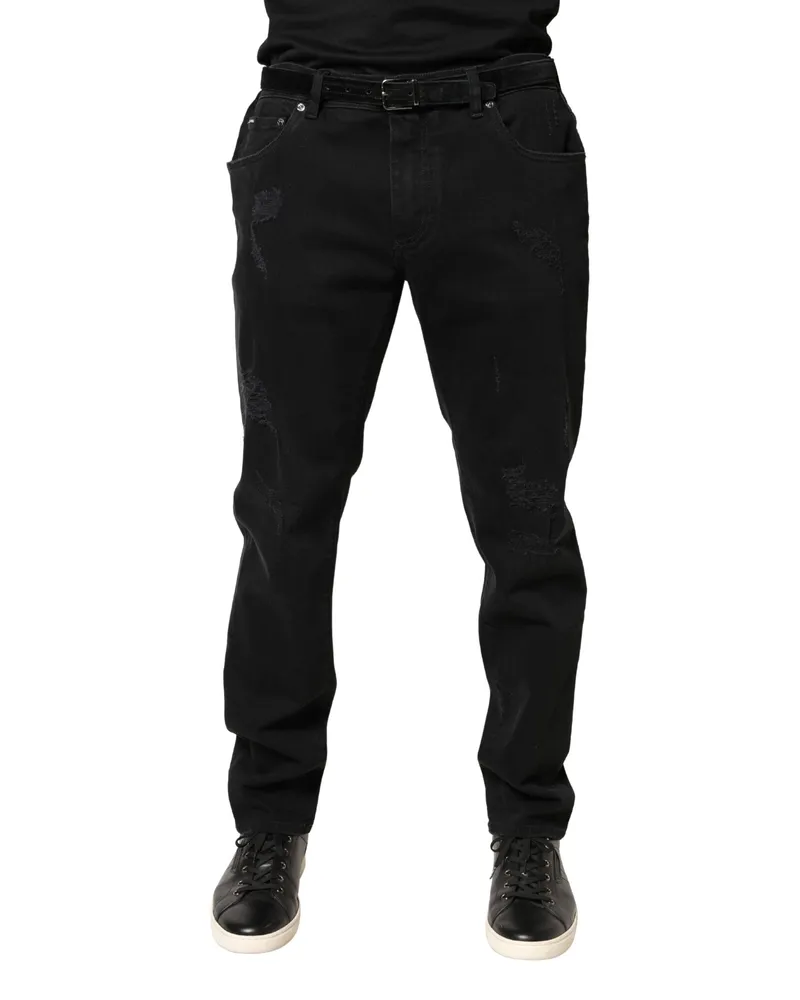 Dolce & Gabbana Men's Black Tattered Skinny Cotton Denim Jeans Blue Elastane Clothing Black