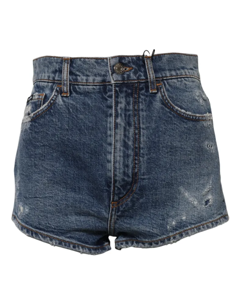 Dolce & Gabbana Women Blue Tattered Denim Cotton Hot Pants Shorts Elastane Blue