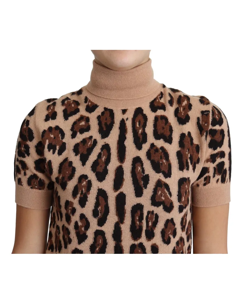 Dolce & Gabbana Women's Beige Leopard Print Virgin Wool Turtleneck Top Beige