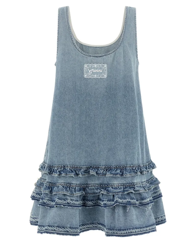 Ganni Organic Cotton Denim with Ruffled Hem Dress — blue Blue
