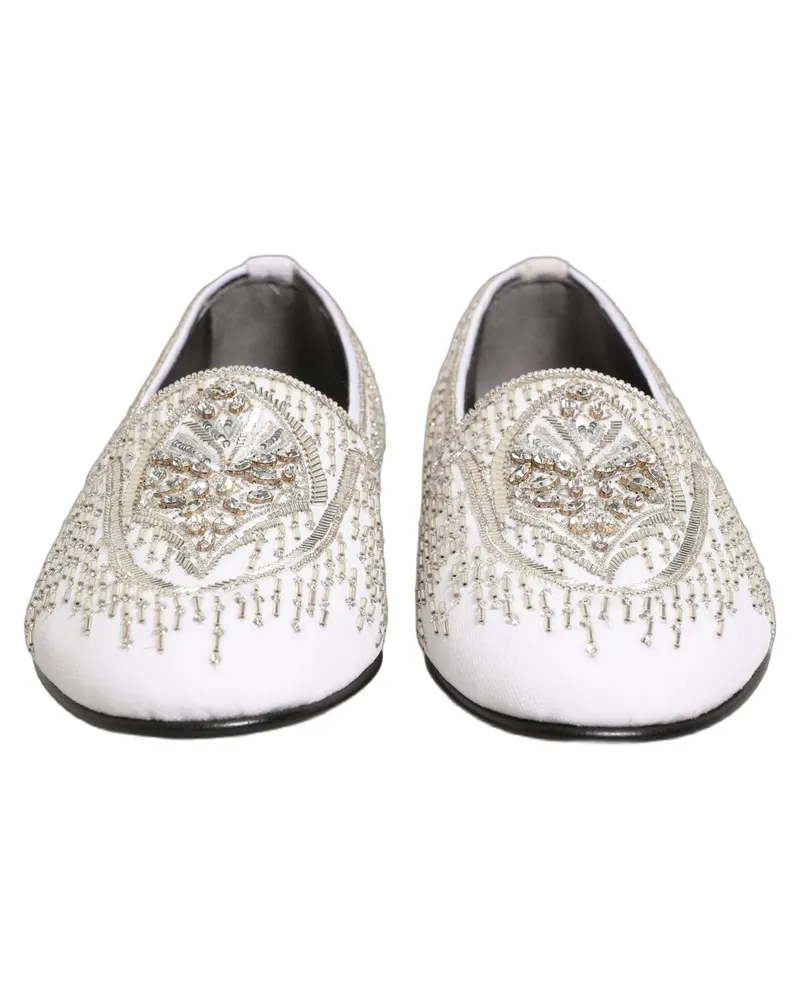 Dolce & Gabbana Men's White Satin Embellished Dress Loafers Shoes Leather White