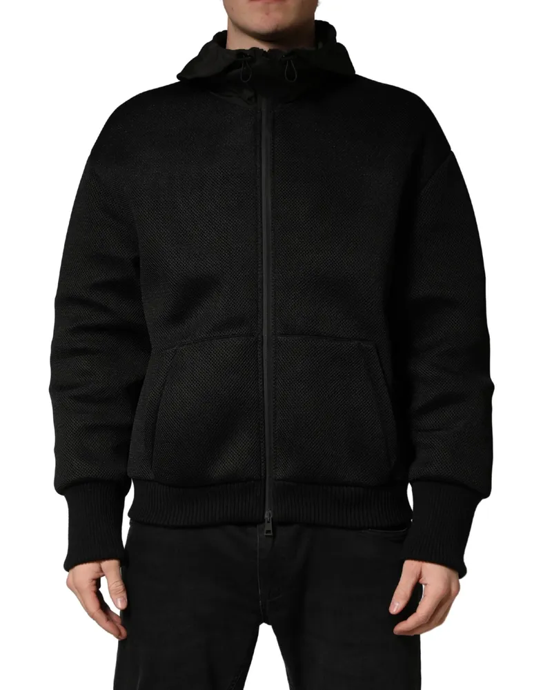 Dolce & Gabbana Men Black Hooded Full Zip Bomber Jacket Nylon Clothing Black