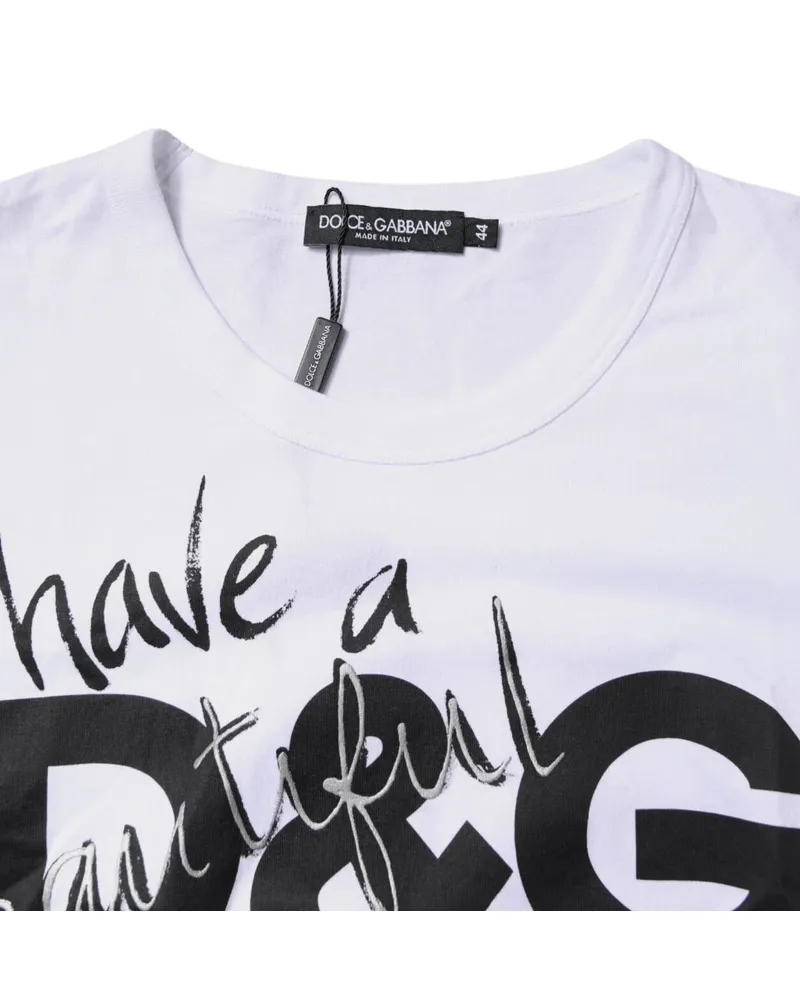 Dolce & Gabbana Men's White Graphic Print Cotton Crew Neck T-Shirt White