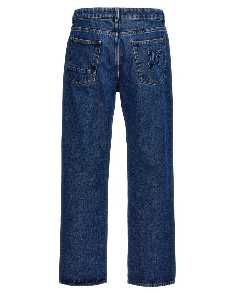 Palm Angels Monogram Cotton Denim Jeans — Blue Blue