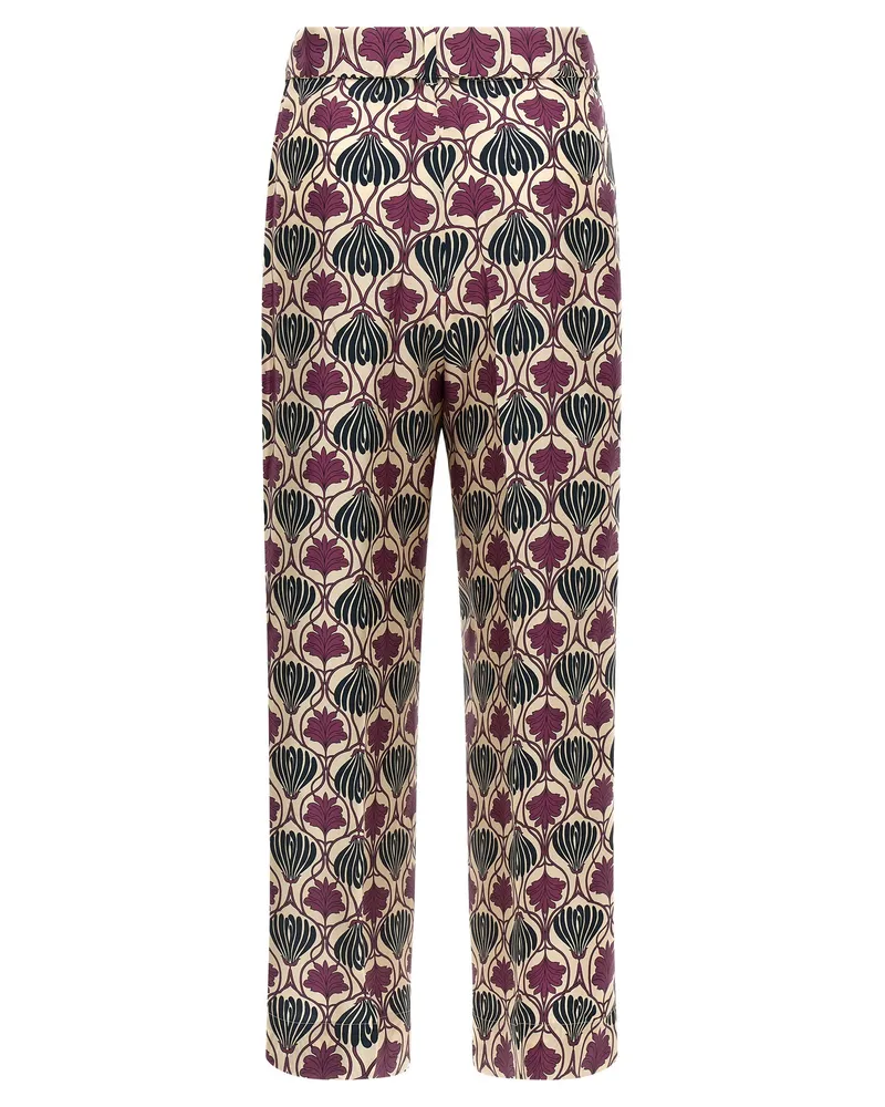 Max Mara Silk Botanical Print Trousers — Burgundy Burgundy