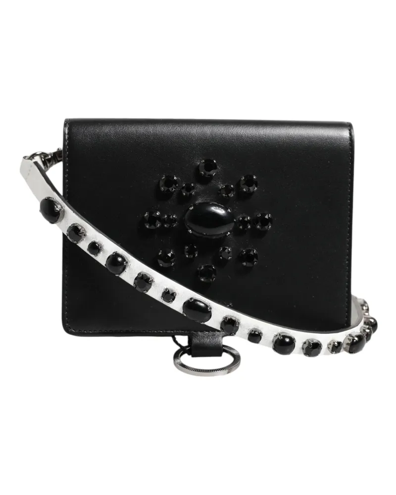 Dolce & Gabbana Women's Black Leather Crystal Embellished Card Holder Wallet Black