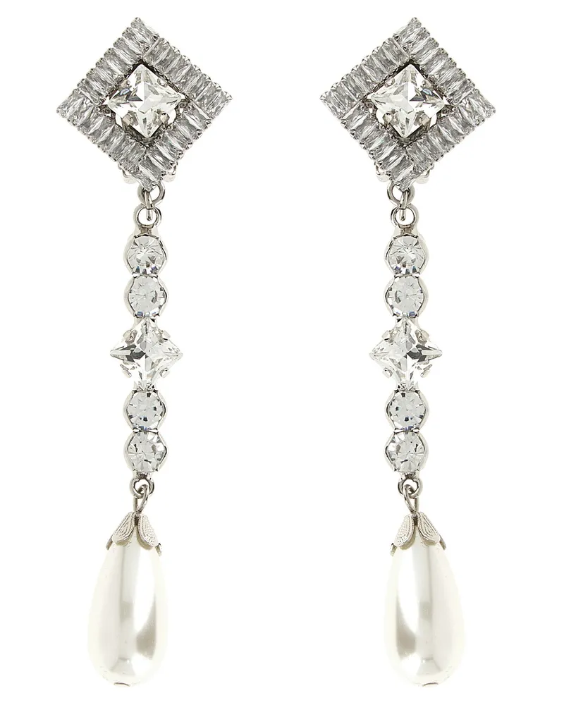 Alessandra Rich Crystal and Pearl Drop Earrings — Silver Silver