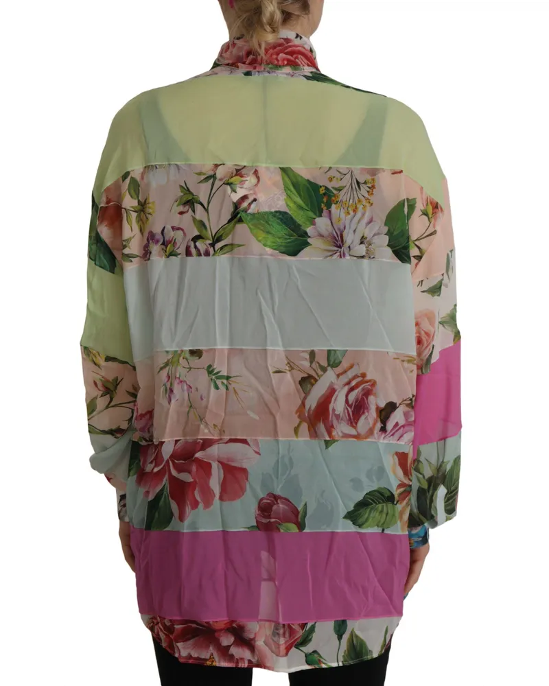 Dolce & Gabbana Women's Multicolor Floral Patchwork Design Ascot Collar Top Blouse Silk Multicolor
