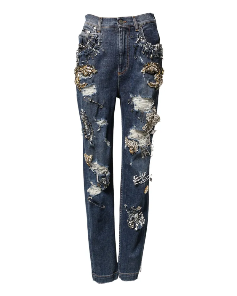 Dolce & Gabbana Women Blue Cotton Rhinestone Embellish Denim Jeans Co+01 Clothing Blue