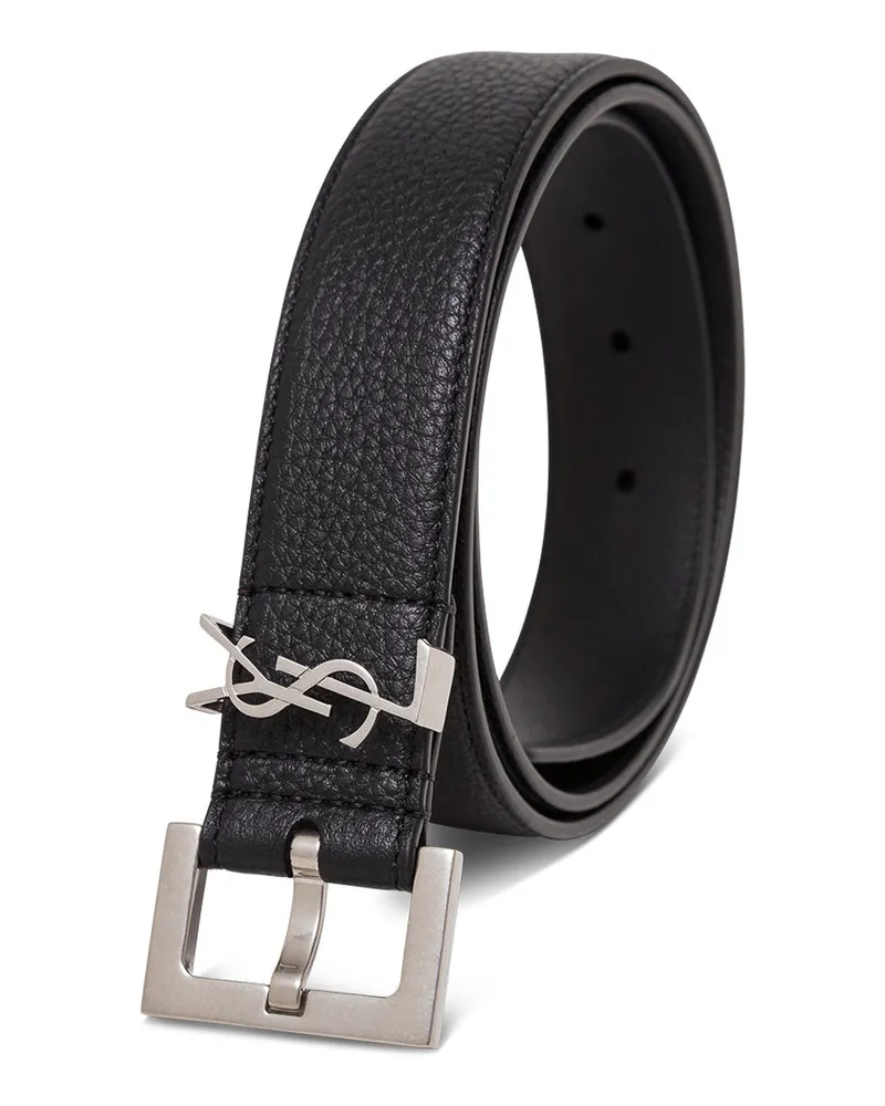 Saint Laurent Men's Leather Belt With Logo Buckle, Black Black