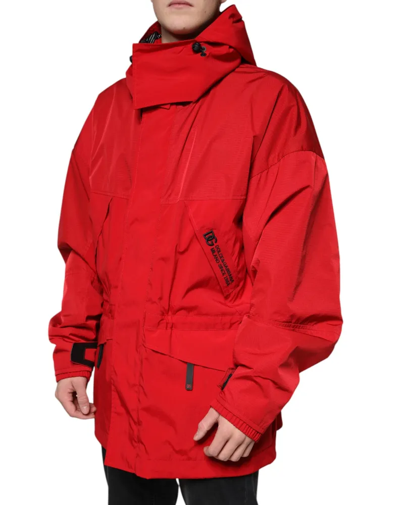 Dolce & Gabbana Red Nylon Hooded Men Full Zip Parka Jacket Elastane Clothing Red