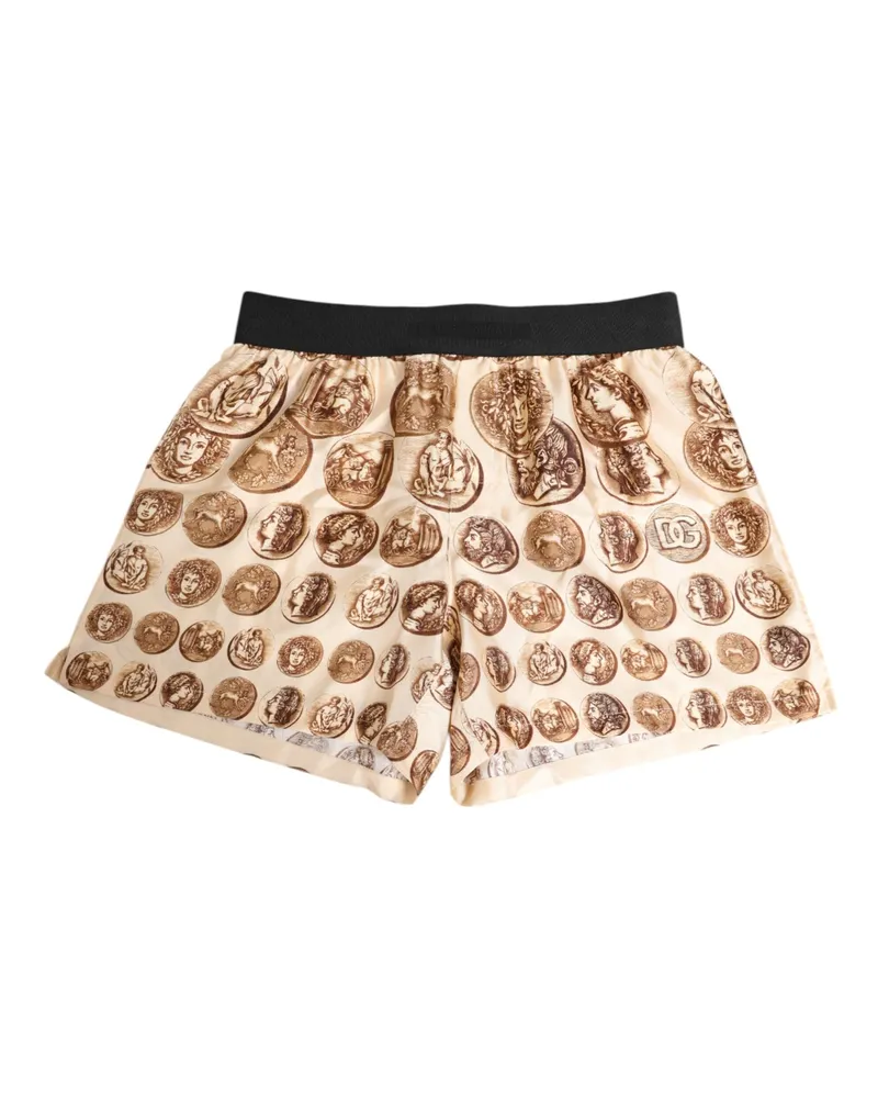Dolce & Gabbana Men's Brown Ancient Coin Print Silk Shorts Swimwear Beige Beige