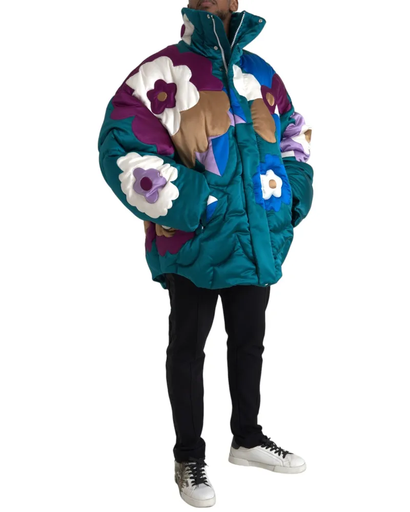 Dolce & Gabbana Men's Multicolor Floral Windbreaker Puffer Jacket Polyester Clothing Teal