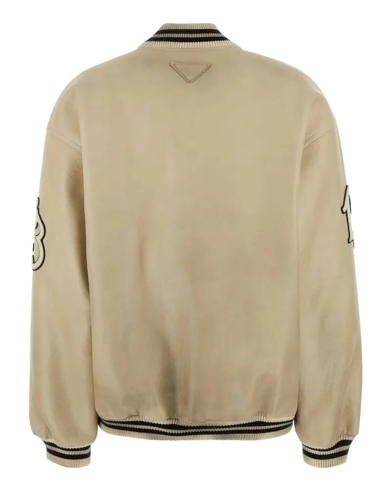 Prada Women's Ivory Leather Bomber Jacket Avorio Vitello Giacche Pelle Beige