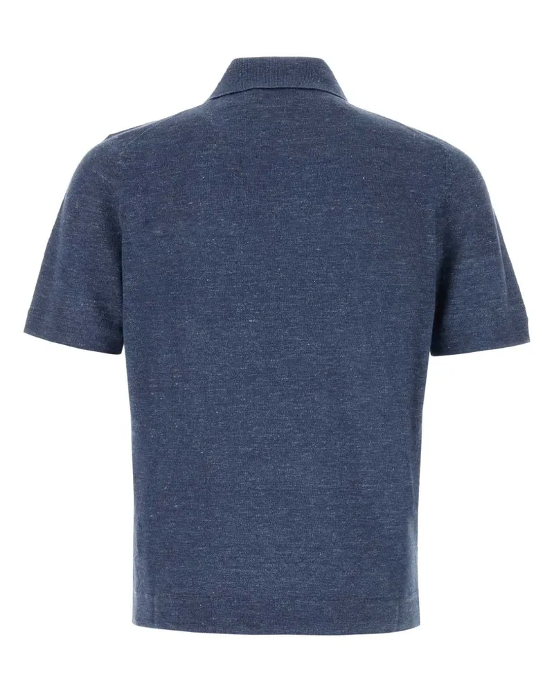 Brunello Cucinelli Men's Melange Blue Linen Blend Polo Shirt Denim Exterior: Cotton Maglieria Navy