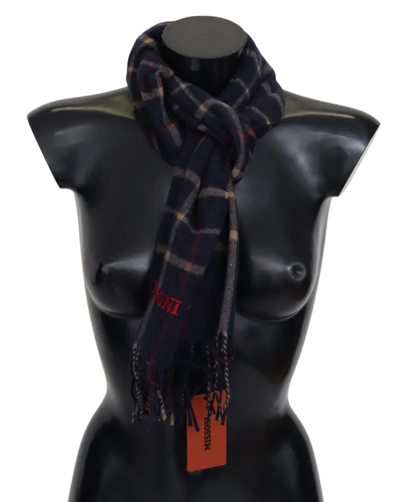 Missoni Men's Black Checkered Unisex Neck Wrap Fringes Scarf Camel Hair Black