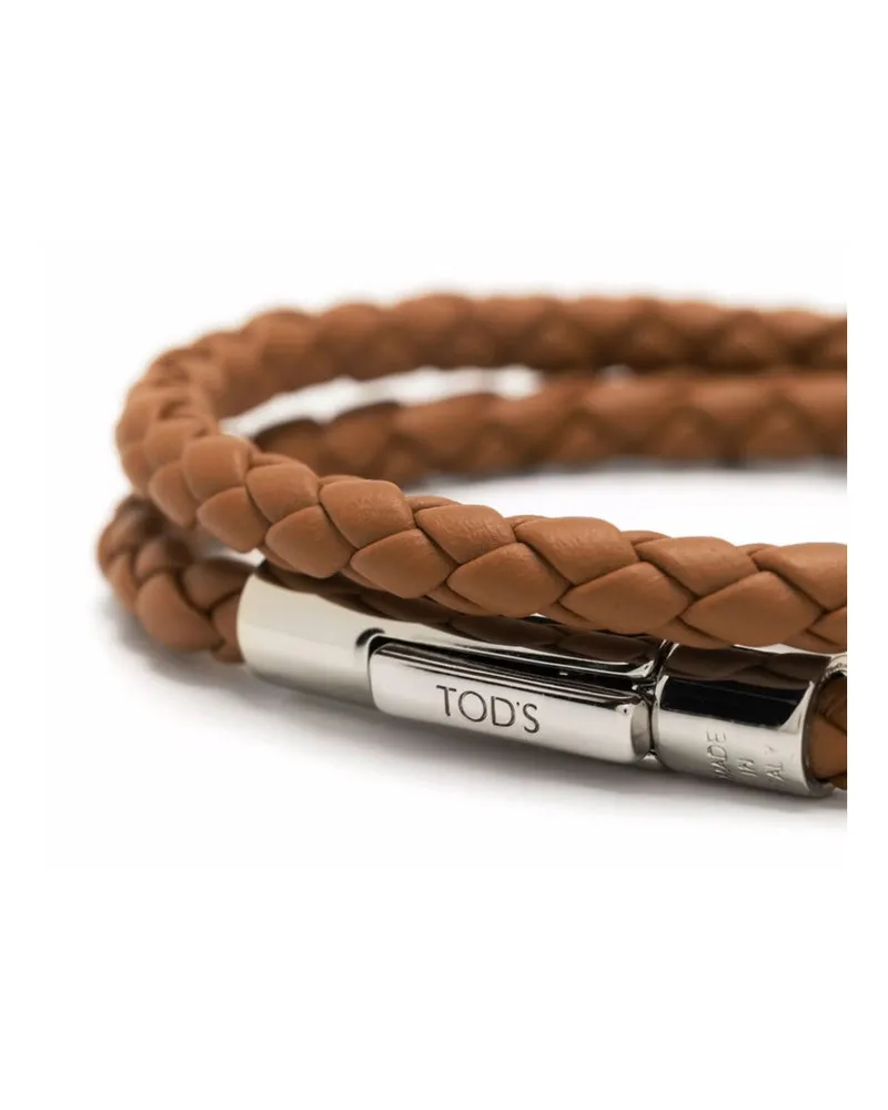 TOD'S Leather Braided with Engraved Logo Clasp Bracelet — Brown Brown