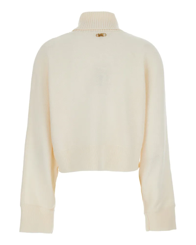 Michael Kors Women's White Cropped Turtleneck Sweater With Logo Plaque Merino Wool Tops Top White